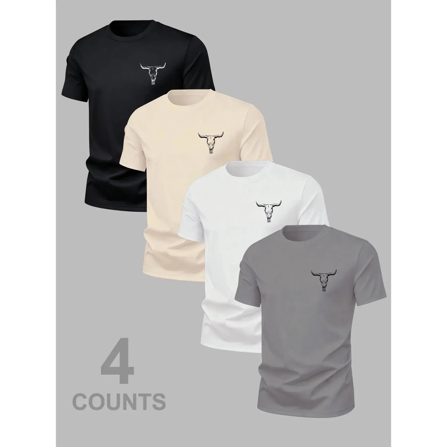 Men's 4-Pack Cotton Crew Neck T-Shirts - Bold Cow Head Graphic, Breathable Short Sleeve Menswear, Classic Casual for Summer Fitness & Outdoors, Soft Fabric, Stylish Tops