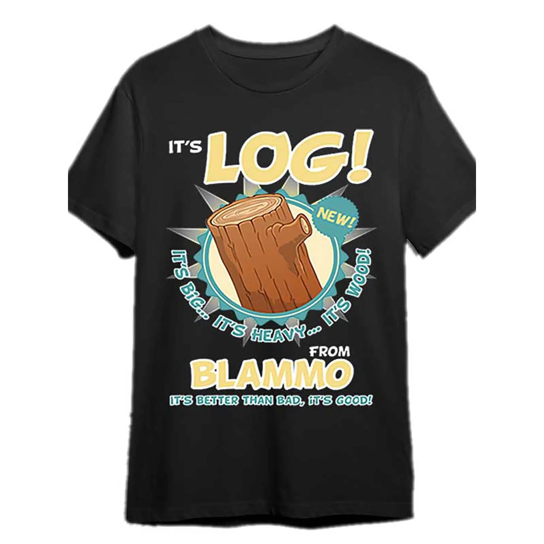 Men's Round Neck Knit Short-Sleeve Graphic Tshirt - Ren and Stimpy "It's Log!" Funny Print, Black Casual Wear, Style 339219 Medium Streetwear Top, Machine Washable, Graphic T Shirts, Tropical, Short-Sleeve Tee