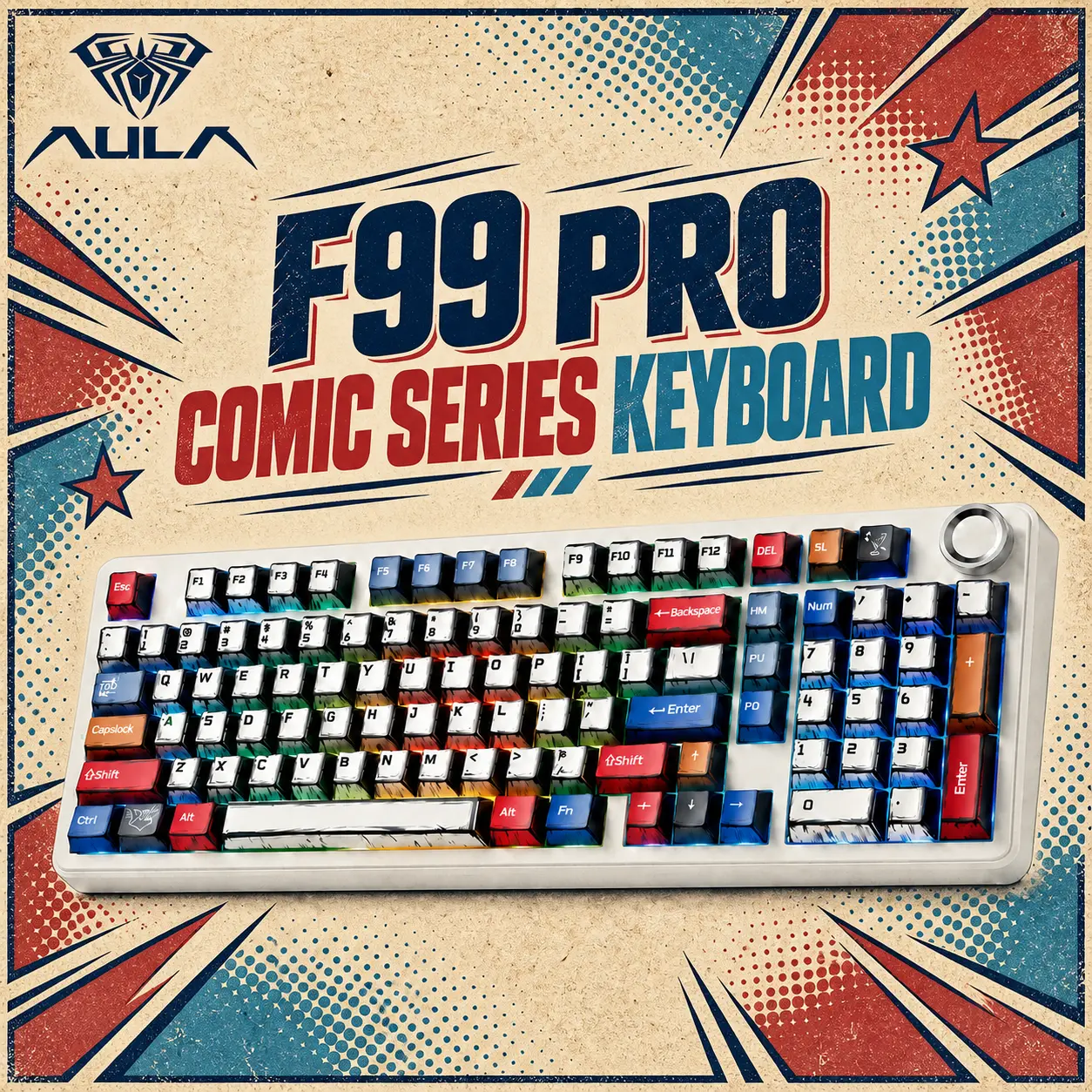 Aula F99 Pro/F99/F75/F106 Pro Mechanical Keyboard, Keycaps can be purchased individually，Wireless Gaming Keyboard Bluetooth Hot Swappable Custom Creamy Computer Keyboards，Comic Keycaps, Comic Theme, Gaming Keyboard, suitable for office use,