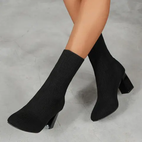 Women's Solid Pointed Toe Mid-calf Boots, Fashionable Knitted Design High Heel Boots for Fall & Winter, Female All-match Trendy Shoes for Daily Wear, Casual Warm Boots