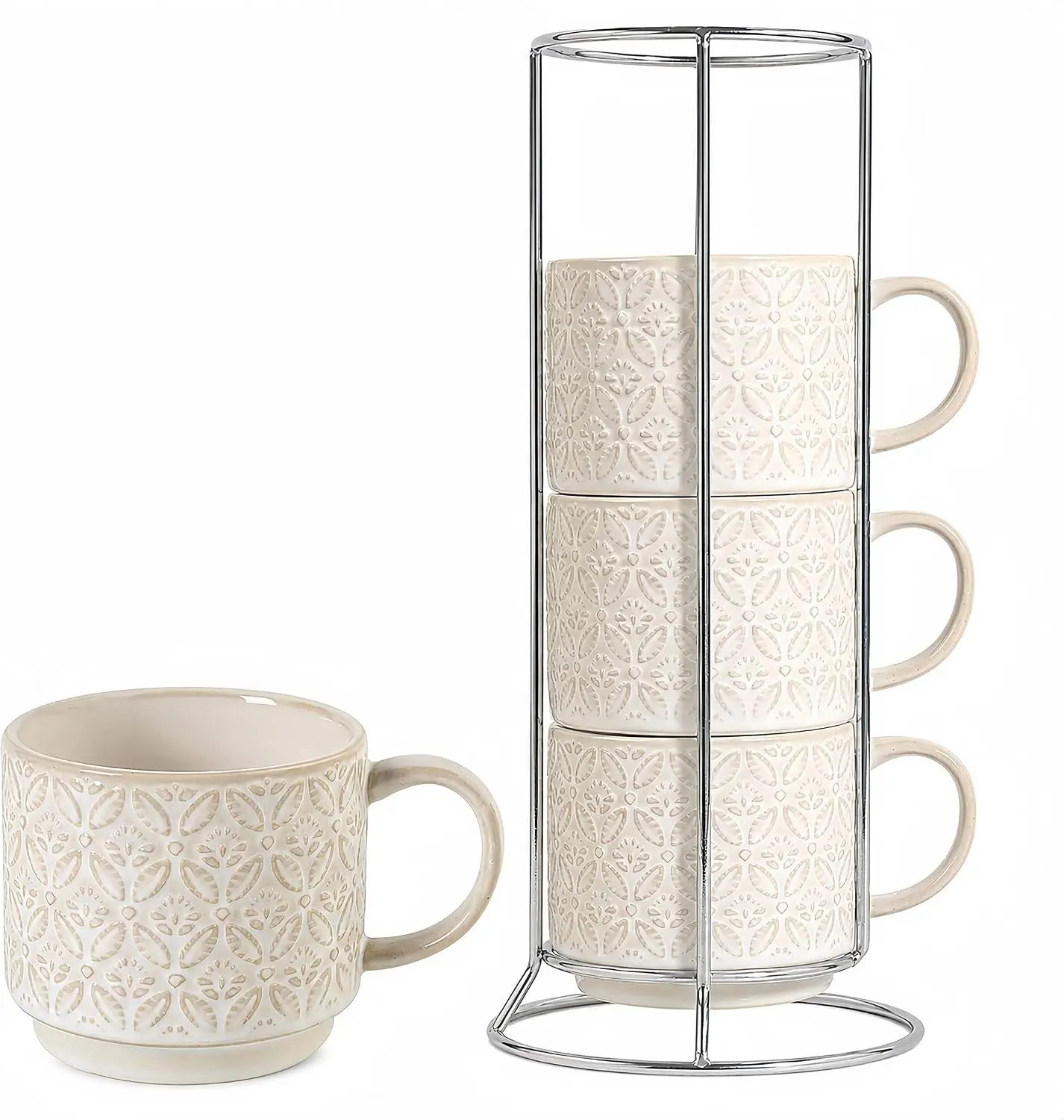 Vintage White 6 Oz Stackable Ceramic Espresso Cups Set of 4 with Stand, Embossed Porcelain Mugs, Dishwasher Safe for Latte, Cocoa, Tea