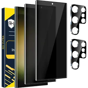 SQ-PCS015 [2+2 Pack] Galaxy S23 Ultra Privacy Screen Protector, 9H Tempered Glass, Ultrasonic Fingerprint Support, 3D Curved, HD Clear Anti-Spy Film for Samsung S23 Ultra 5G Glass Screen Protector