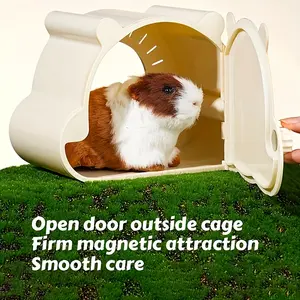 1 piece comfortable hiding place for hamsters - magnetic door, all-season viewing nest for sand rats and small pets, durable PP material, beige cartoon design with green grass accents, hamster hideout