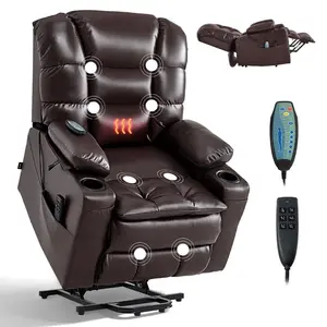 VEVOR Power Lift Recliner Chair, Triple-Motor, Large Electric Lift Chair with Heat and Massage for Elderly, Infinite Position Adjustment, Leather Surface, with Storage Pockets and Cup Holders, Brown