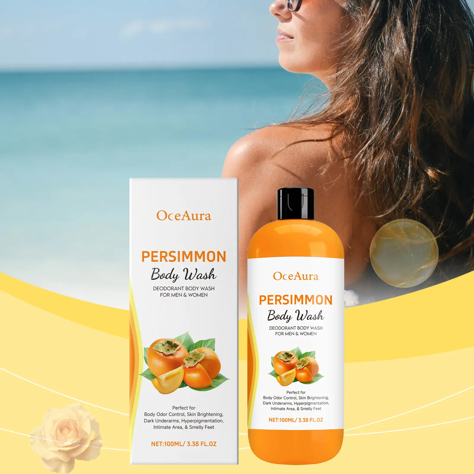 Persimmon Body Wash for Body Odor Control – Purifying Deodorizing Soap for Eliminating Odor – Underarms, Intimate Inner Thigh, Bikini Area, Smelly Feet – Natural Deodorant Soap, Kids Safe