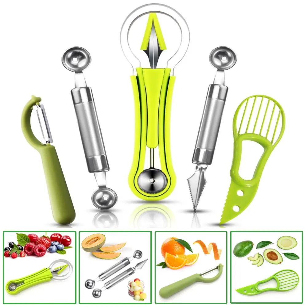 Kitchen Utensil Set, 5-Piece Stainless Steel & Plastic Fruit Tools with Multi-Functional Melon Baller, Avocado Slicer, and Carving Knife, Peeler, Utensils, Lightweight, 4 In 1 Set, Double Sided