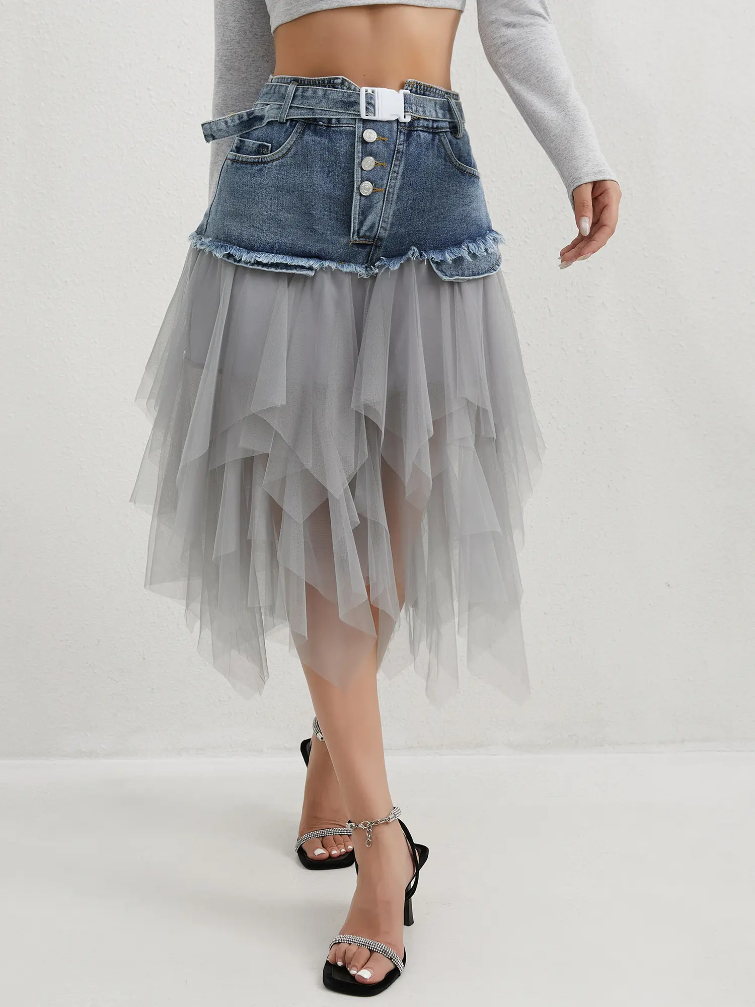 Women's Denim Patchwork Skirt with a High-Waist Spliced Tulle Layer, Button-Accented Raw Edge Hem, Perfect for Pairing with Tops
