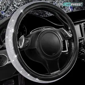 CAR PASS Bling Diamond Leather Steering Wheel Cover,with Sparkly Crystal Glitter Rhinestones Universal Fit 14" 1/2-15"Women Girl Fit Suvs,Vans,Sedans