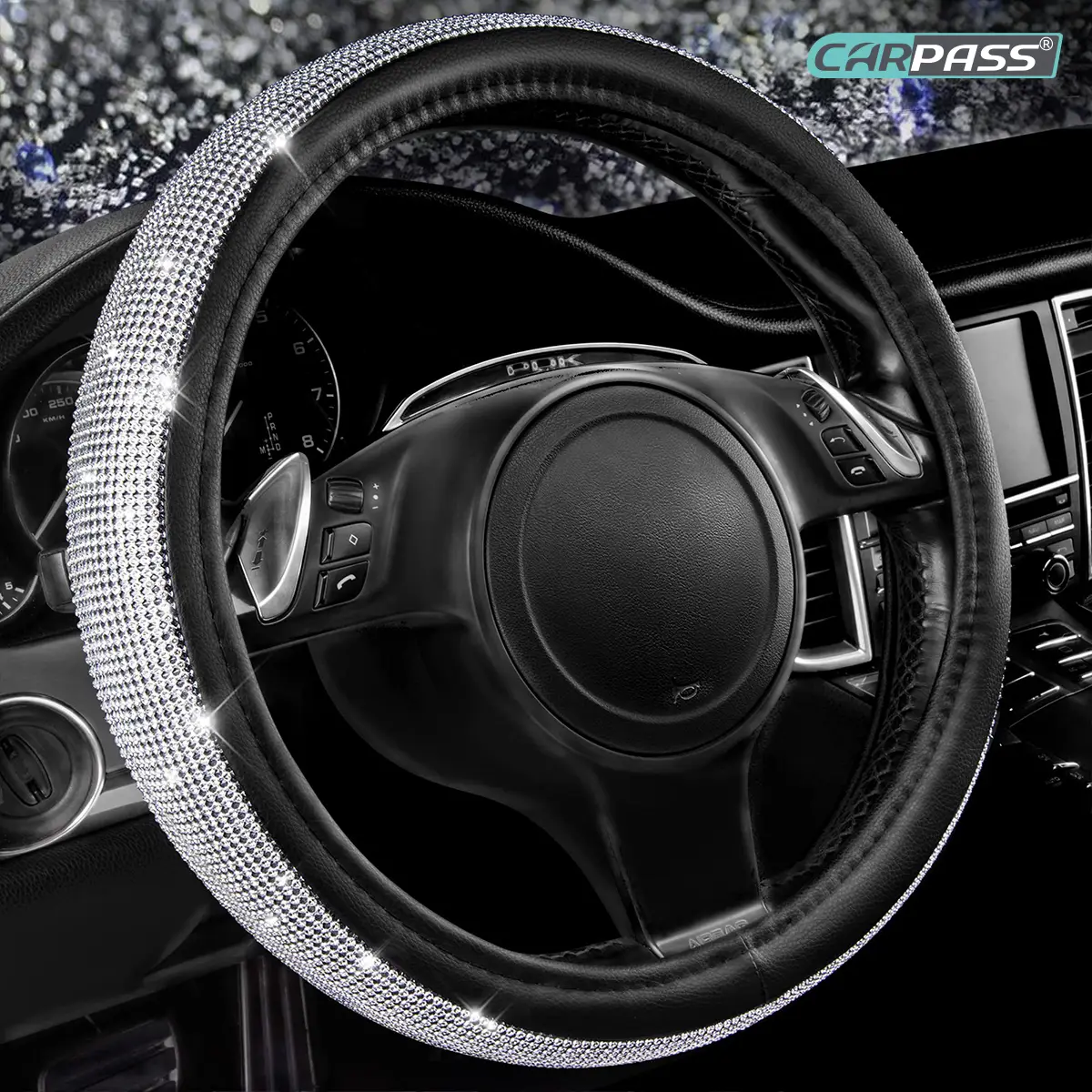 CAR PASS Bling Diamond Leather Steering Wheel Cover,with Sparkly Crystal Glitter Rhinestones Universal Fit 14" 1/2-15"Women Girl Fit Suvs,Vans,Sedans