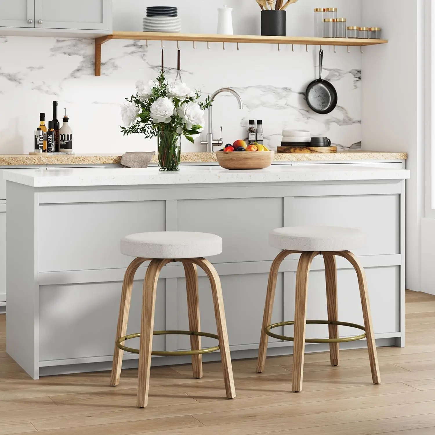 Set of 2 Swivel Bar Stools 24'' Counter Height Backless Stools with Fabric Upholstered Seats and Sturdy Curved Wood Legs Mid Century Modern Design