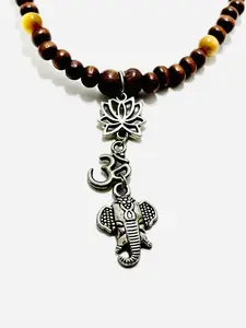 15" Lotus/Om/Elephant Dangle Choker Necklace with 6mm Yellow Tiger's Eye & Wooden Seed Beads | Mad Mellow