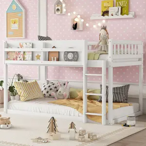 Low Bunk Bed Frame Twin Over Twin, Wood Bunk Beds with Bookshelf & Ladder, Floor BunkBed with Full Guardrails for Bedrooms or Small Spaces,White