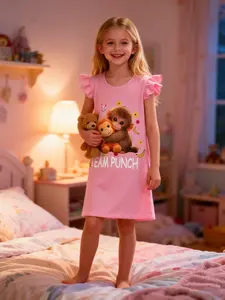 Girls' Cute Punch Monkey Print Dress, Team Punch Summer Short Sleeve Sleepwear, Casual Comfortable Home Wear, Fitted Style, All Seasons