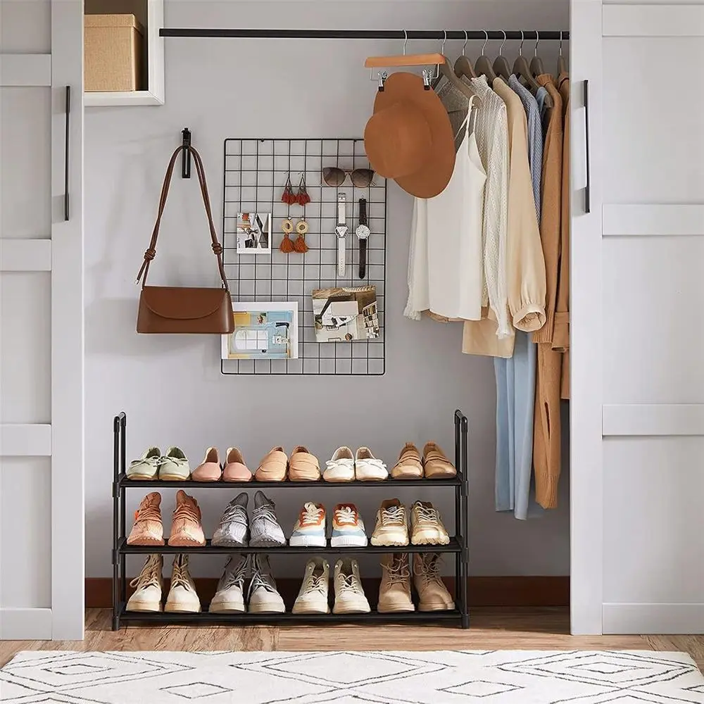 SONGMICS 3-Tier Shoe Storage Organizer Metal Plastic Rack Small Space Organizer Metal Shoe Rack for 12-15 Pairs of Shoes