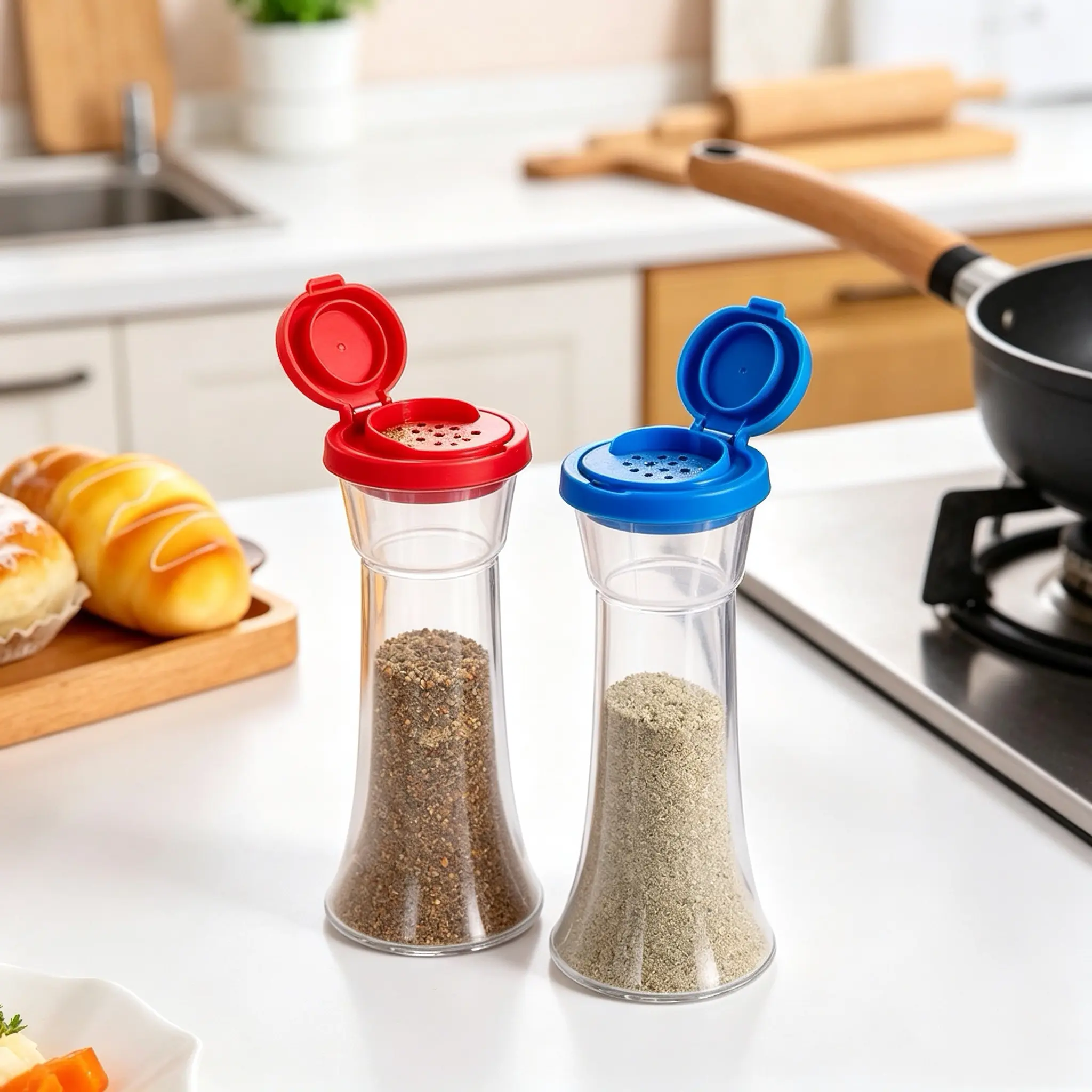 Set of 2 Plastic Salt and Pepper Shakers with Lids Large Hourglass Covered Moisture Proof Salt Shaker Pepper Container for Home Kitchen Restaurant Camping (Blue Red)