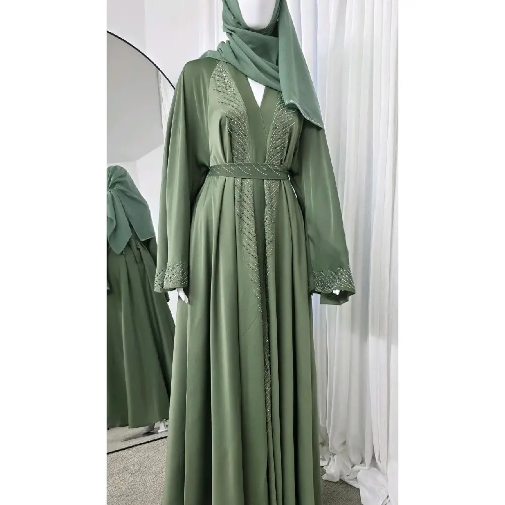 Herglam 3 Piece Abaya with Rhinestone Detailing in Green Color Des Fashionable Women's Wear