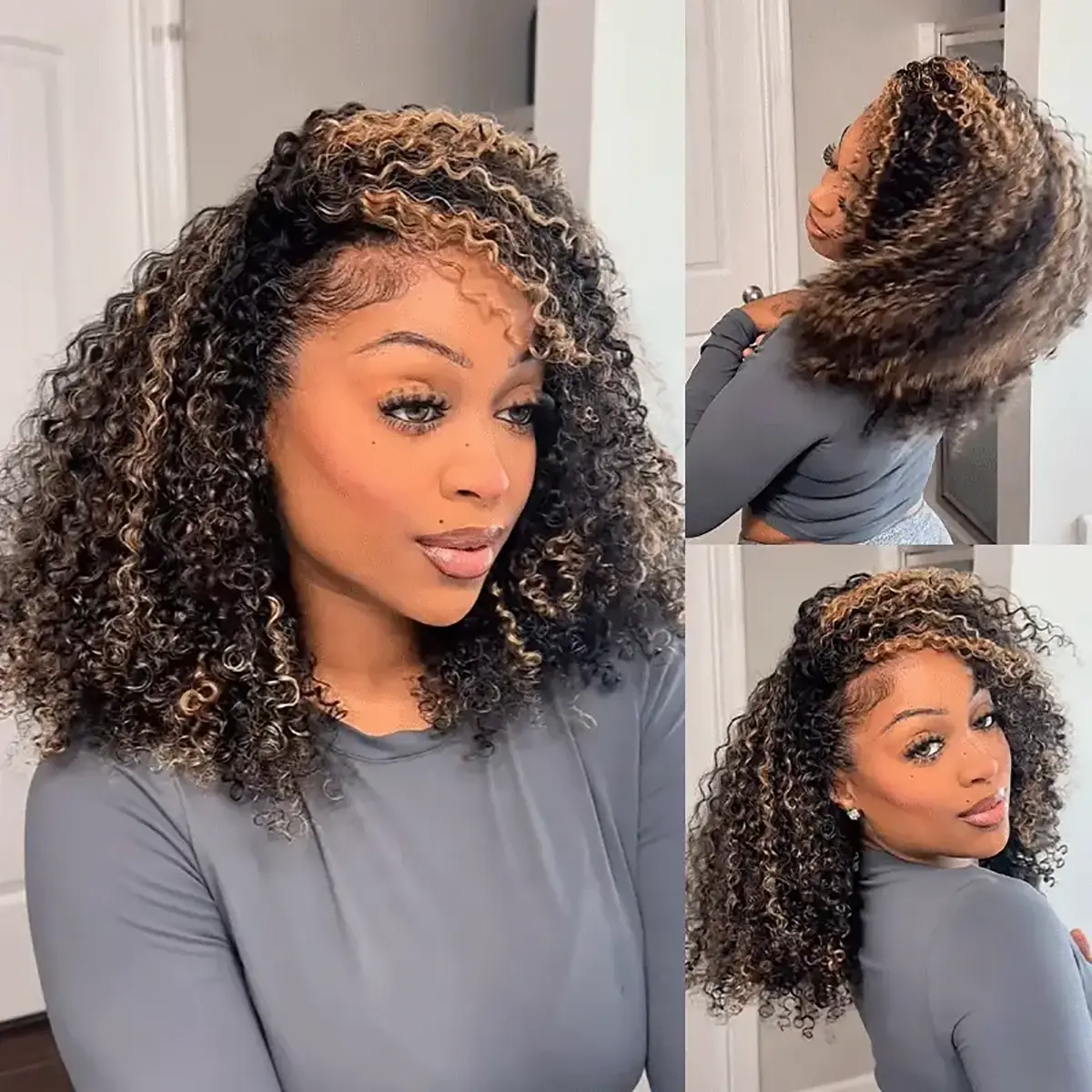 [New Arrival] BGMgirl Brown Highlight Kinky Curly Wear Go 3 In 1 Half Wig Invisible Hairline Glueless Human Hair Seamless Flip Over Updo Down Style Hairpiece Beginner Friendly color wig #DealsForYouDays