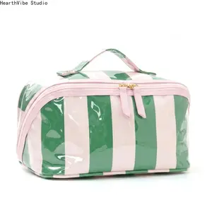 Clear Striped PVC Makeup Bag for Women, Large Capacity Waterproof Cosmetic Organizer Pouch, Portable Travel Toiletry Case with Top Handle Vacation