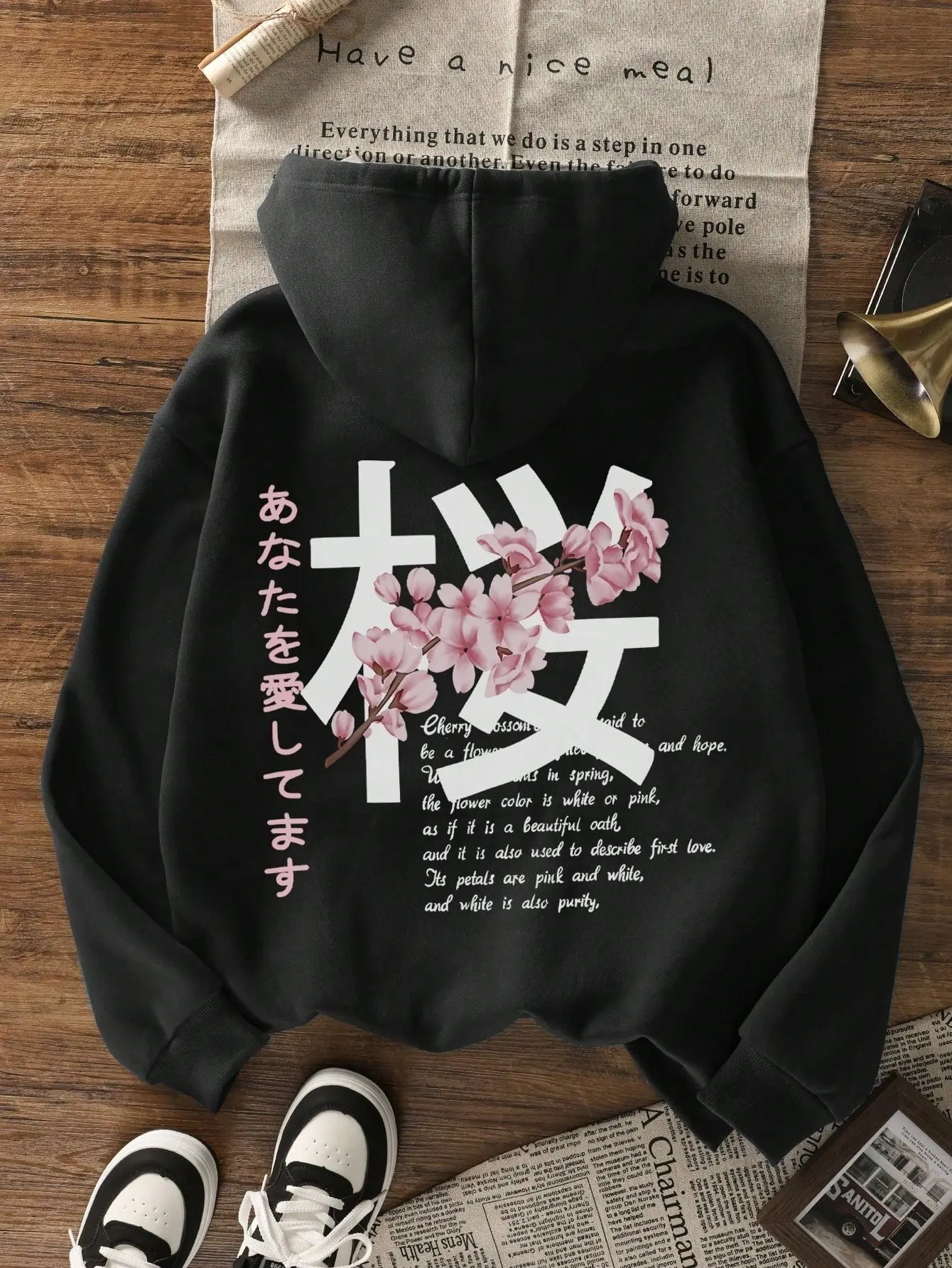 Japanese Sakura Cherry Blossom Kanji Back Print Hoodie, 270G Brushed Fleece Oversized Black Hooded Sweatshirt, Vertical Japanese Love Phrase & Large White Sakura Kanji Floral Graphic, Aesthetic Harajuku Anime Streetwear Pullover For Men Women Teens