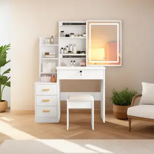 Makeup Vanity Desk with Mirror and Lights, Dressing Table with 1 Large Drawers, 3 Small Drawer and Hidden Storage Shelf, Adjustable 3-Color Bulb, Perfect Vanity Set for Women and Girls Bedroom
