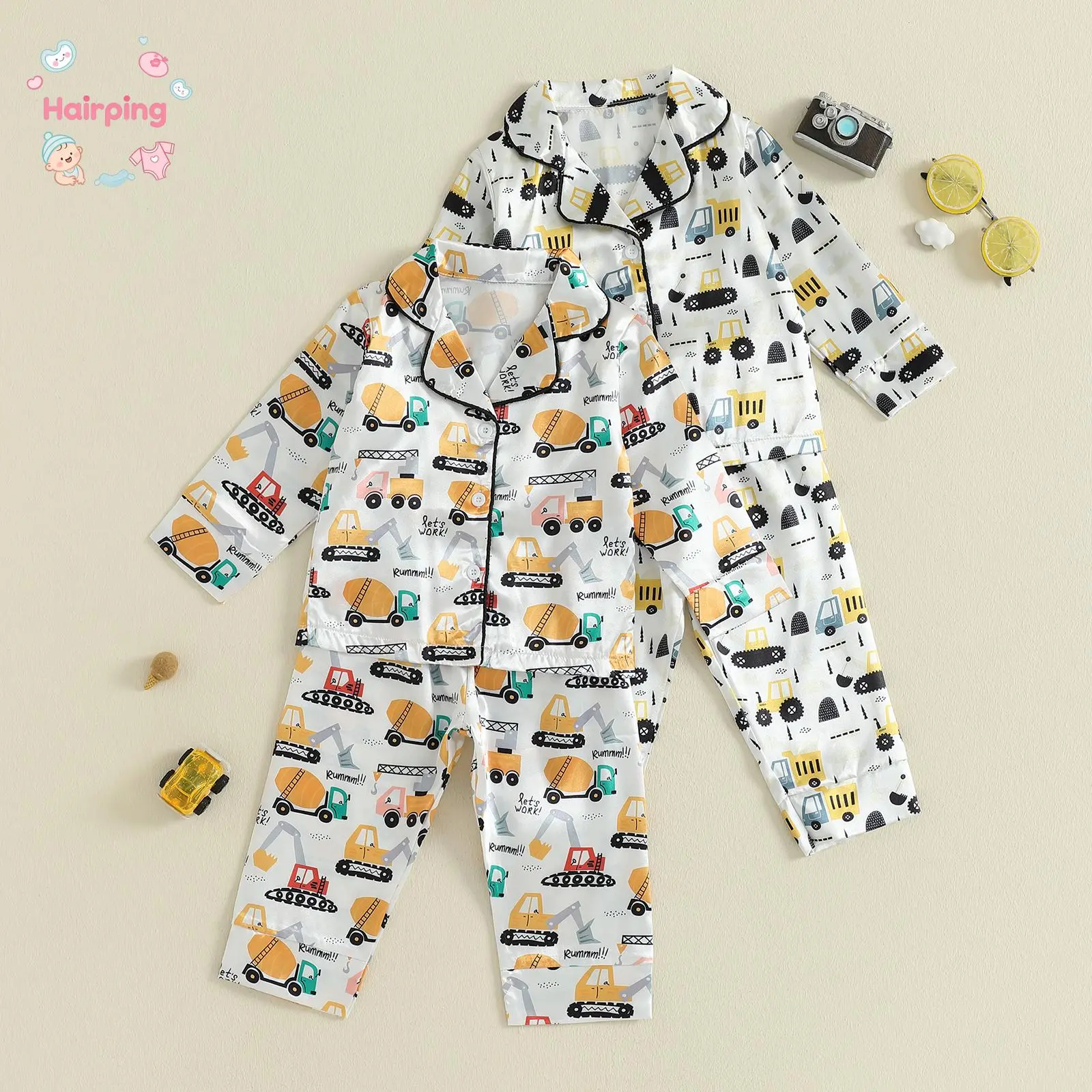 Toddler Pjs - 2-Piece Fall Long Sleeve Construction Vehicle Print Shirt & Pants Baby Loungewear Gift Set, Sleep Suit, Baby Girls Clothing