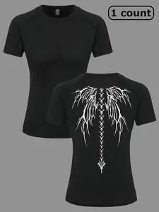 Women's Skull Wing Print Round Neck Sports Tee, Casual Quick Drying Breathable Tight-fitting Sports T-shirt for Yoga Running Gym Training, Ladies Sportswear for Summer