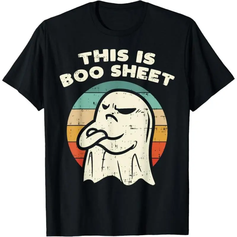 Men's Unisex Short-Sleeve Round-Neck Printed T-Shirt, Vintage Halloween "This Is Boo Sheet" Sassy Ghost Retro Sunset Design, Soft Cotton Fabric Funny Spooky Streetwear Top, Shortsleeve
