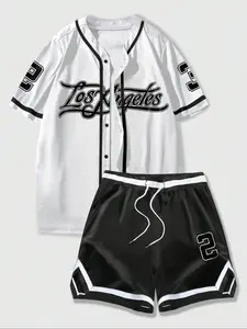 Men's Regular Fit Letter Print Baseball Jersey & Shorts Loungewear Outfit, Casual Comfy Breathable Round Neck Short Sleeve Top & Shorts PJ Set, Men's Sleepwear for Spring & Summer