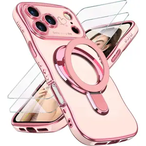 for iPhone 17 pro Max Love Heart Kickstand Case with 2X Screen Protector: Luxury Plated Gold Edge Slim Soft TPU Shockproof Protection Case Cover for iPhone 17 pro Max (Pink)