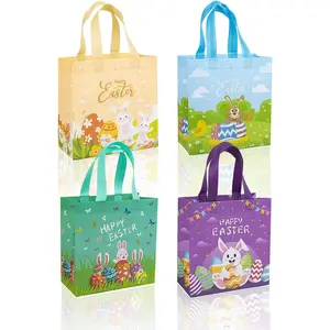 4Pcs Happy Easter Gift Bags, Easter Non-woven Bags with Handle, Reusable Goodie Bags for Kids, Rabbit Bunny Treat Bags, Party Supplies.
