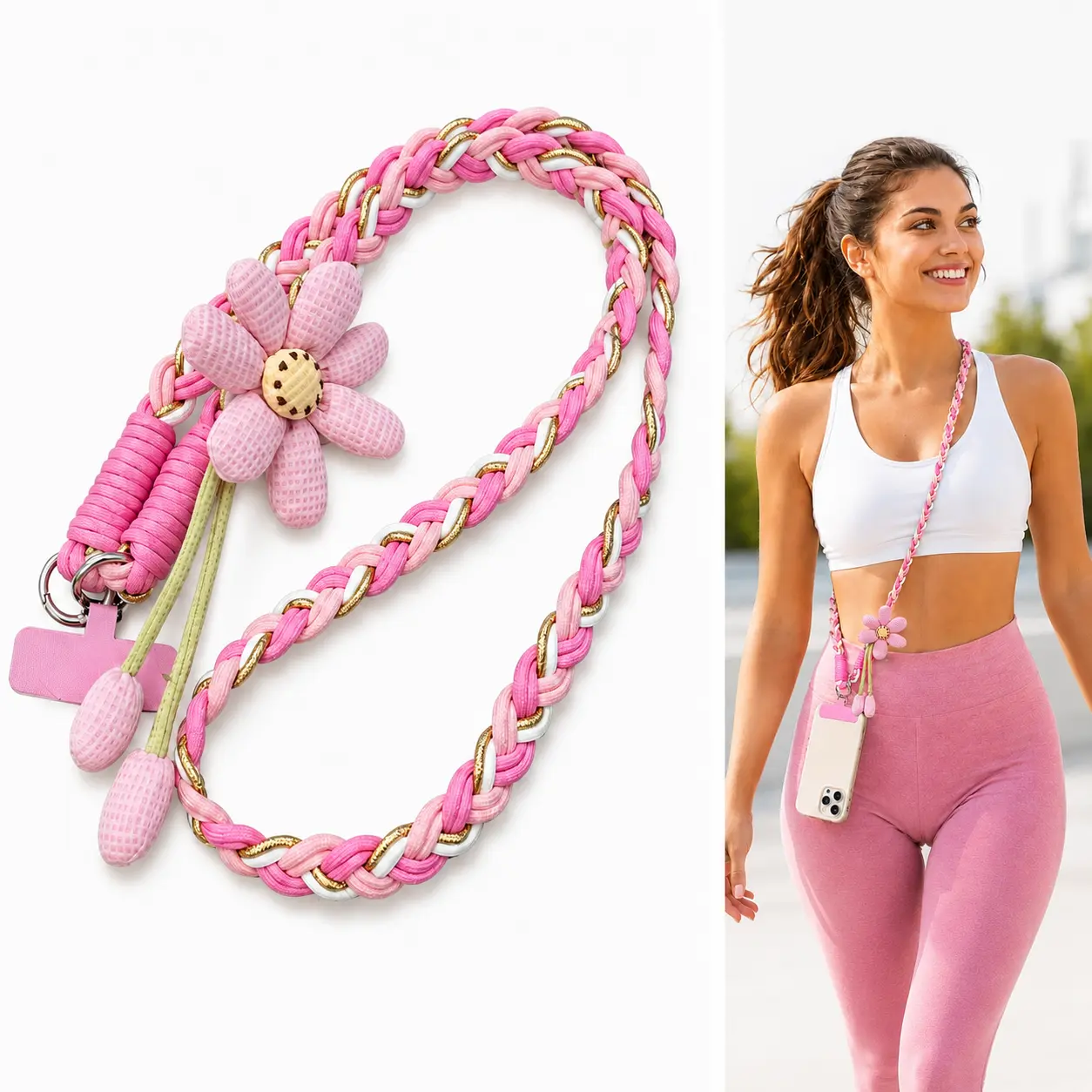 Handmade Crossbody Phone Lanyard with Flower Pattern, Heavy Duty Adjustable Cellphone Strap for Outdoor Travel, Anti-Loss Safety Woven Tether for Phone & Water Bottle