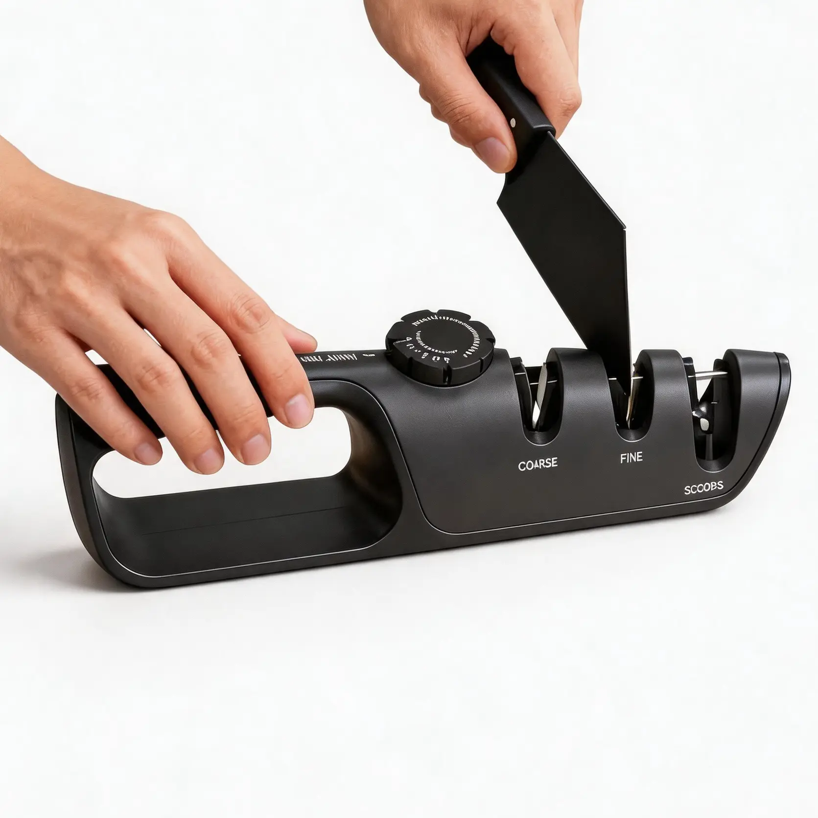 3-in-1 Lightweight Kitchen Knife Sharpener - Adjustable Manual Tool with 6 Angles, Tungsten Steel Slots, Ceramic Slots, Scissors Sharpening Function, Non-Slip Handle, Matte Black for Kitchen Knives