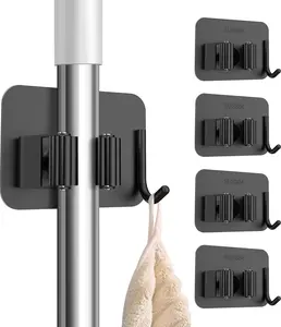 4 Pack No Drill Self Adhesive Broom Mop Holder Wall Mount with Hooks, Heavy Duty Stainless Steel Organizer for Kitchen Bathroom Garage Storage, Black