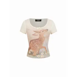 Cider Deer Graphic Scoop Neck Bowknot Lace Trim Tee