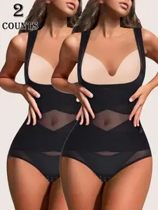 Women's Solid Color Contrast Mesh Open Bust Nylon Shapewear Abdominal Bodysuit, High Stretch Tummy Control Butt Lifter, Ladies Shapewear for All Seasons Underwear