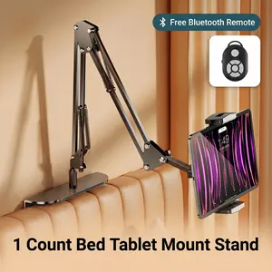 1 Count Bedside Tablet Stand with Metal Base, Universal Holder for Phone and iPad, Flexible Mechanical Arm Fits 4-12.9 Inch Devices, Clamp or Desktop Mount for Bed, Sofa, Kitchen Counter, 360° Rotatable