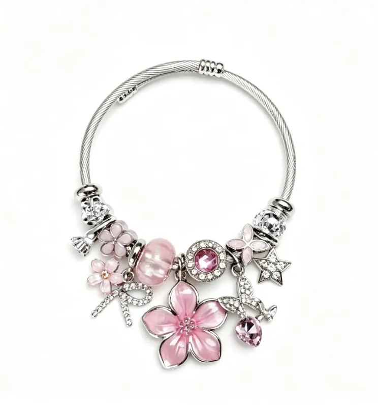 Enamel Flower Bracelet, Adjustable Bright Silver Wire Cuff Bangle, Detachable DIY Crystal Star Bow Butterfly Beaded Jewelry, Fashion Daily Accessory & Gift for Women Teen Girls