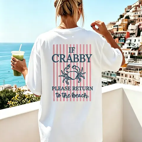Women's Basic Crab Striped "IF CRABBY" Printed Round Neck Short Sleeve T-Shirt - Double-Sided Graphic, Soft Fabric, Fresh Casual, Smooth Seamless Cute Tops for Summer Women's Clothes, Cute Clothes