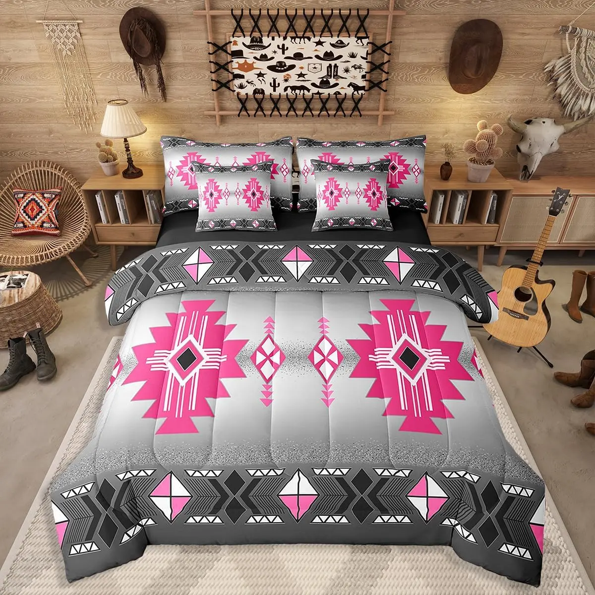 Feelyou 7-Piece Ultra Soft Microfiber Rustic Western Aztec Print Bedding Set - Decorative Multi-Size Southwestern Bed-in-A-Bag for Boys' Bedrooms, Decorative Bedding Set, Microfiber Bedding Set