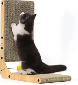 FUKUMARU L-Shaped Cat Scratcher Wall Mounted – Vertical Cardboard Scratch Pad with Ball Toy for Indoor Cats (18.9”)