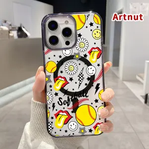 Softball Pop Art Pattern Magnetic Phone Case for iPhone 16 15 14 Pro Max 13 12 11 XR XS E Plus Clear Crystal Drop-proof Slim Silicone Shockproof Transparent Protective Cover Supports Wireless Charging
