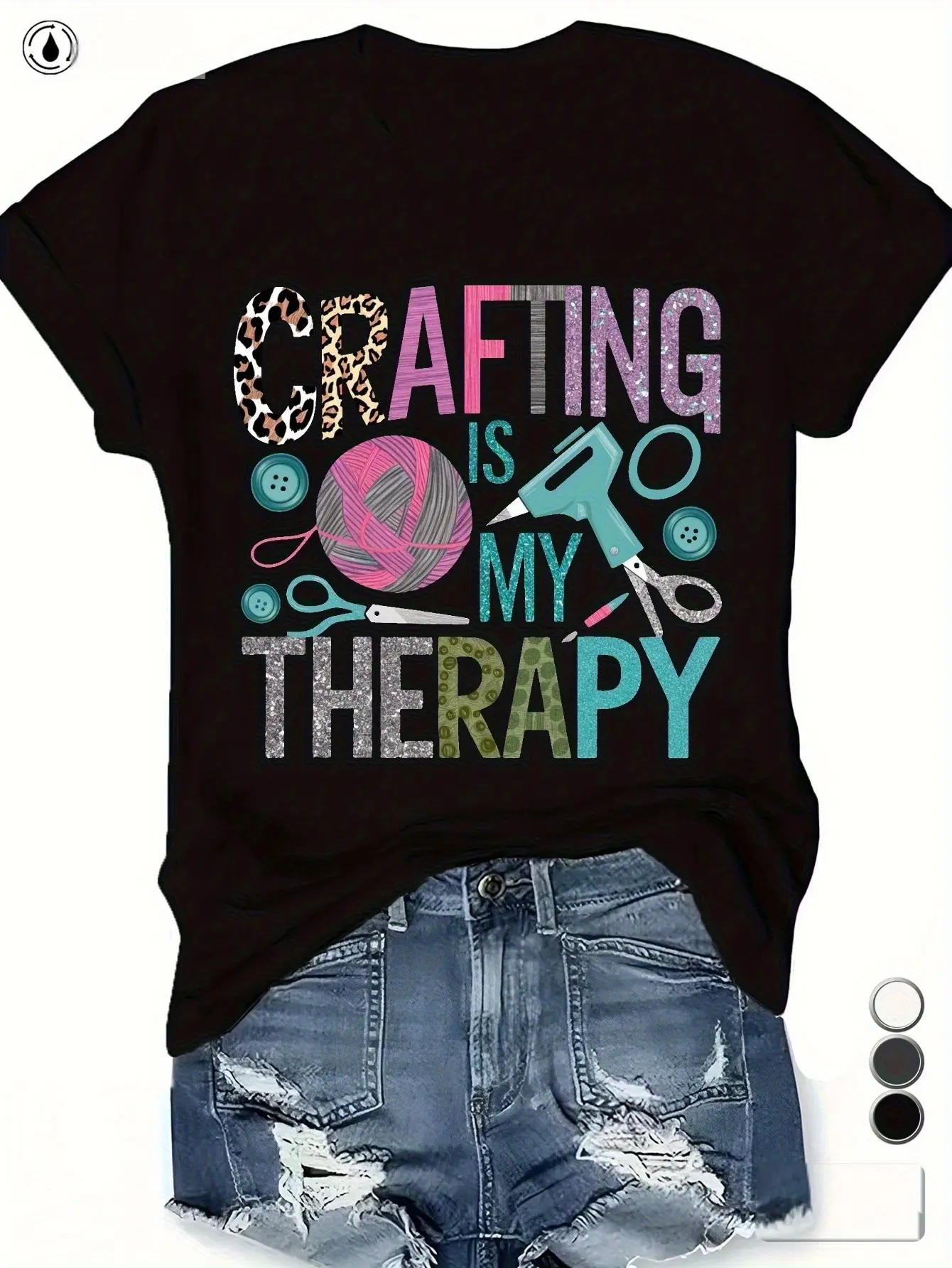 Women's Stretch T-Shirt - Crafting is My Relax Graphic Tee - Black with Multicolor Crafting Tools - Crew Neck Casual Top for Sewing Scrapbooking - All-Season Everyday Shirt for Crafters Hobbyist Clothing Playful Design Breathable Material Short Sleeve Shi