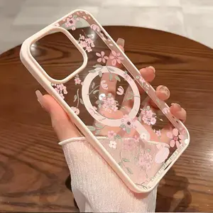 Pink Small Flower Graffiti Design Phone Case, Available in Multiple Colors, Macaron Style with Magnetic Suction Function. Suitable for Iphone17 16 Pro, 15 Plus, 14 Pro Max Magnetic Phone Cases, And Also Supports Apple Wireless Charging.