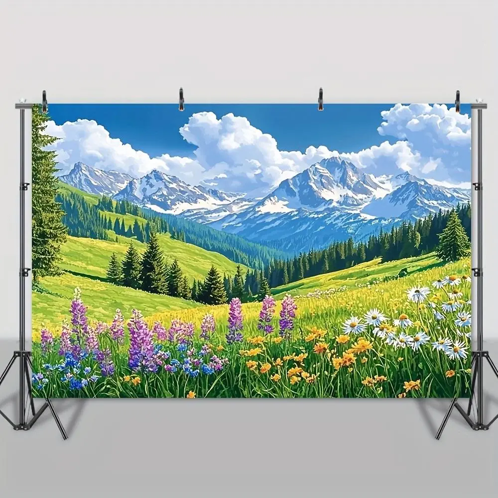 Polyester Photo Booth Backdrop Banner - 1pc 2D Flat Design, Vibrant Spring Scene, Green Grasslands, Pine Trees, Mountain Forests, Multi-Size, Soft Fabric, Easy-Hang Wedding Arch Backdrop for Wedding Parties, Home Festive Supplies,summerwins