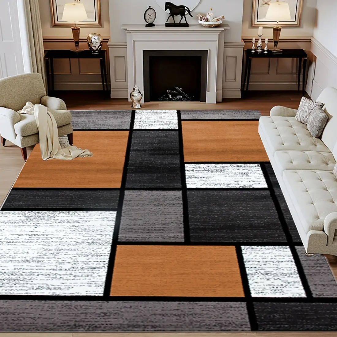 1pc Rectangular Crochet Weave Modern Low-Plush Patterned Area Rug - High-Quality Durable Anti-Slip Dustproof PVC-Polyester Blend, Black and Gold Geometric Plaid Splicing Color Blocks, Hand Wash Only for Bedroom Decor Indoor Use
