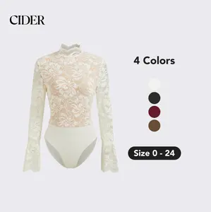 Cider Floral Lace Bodysuit with Stand Collar – Long Sleeve Ruffle Top， Soft Stretch Fabric with Snap Closure for Date Nights & Spring Layering
