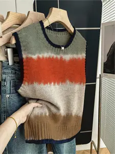 1pc Women's Spring/Summer Back-to-School Casual Sleeveless Outerwear Loose Crew Neck Knit Top - Dark BlueTrim, Color-Block Patchwork Print, Layerable with Vest