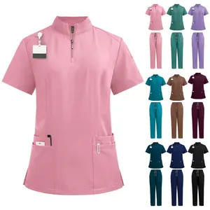 Women's 2-Piece Solid Color Polyester-Spandex Casual Workwear, Lady's Women's Clothes - Stand-Up Collar Zippered Doctor Uniform with Scrub Top, Surgical Gown and Operating Room Straight-Leg Pants, Functional Clothes for Medical Professionals