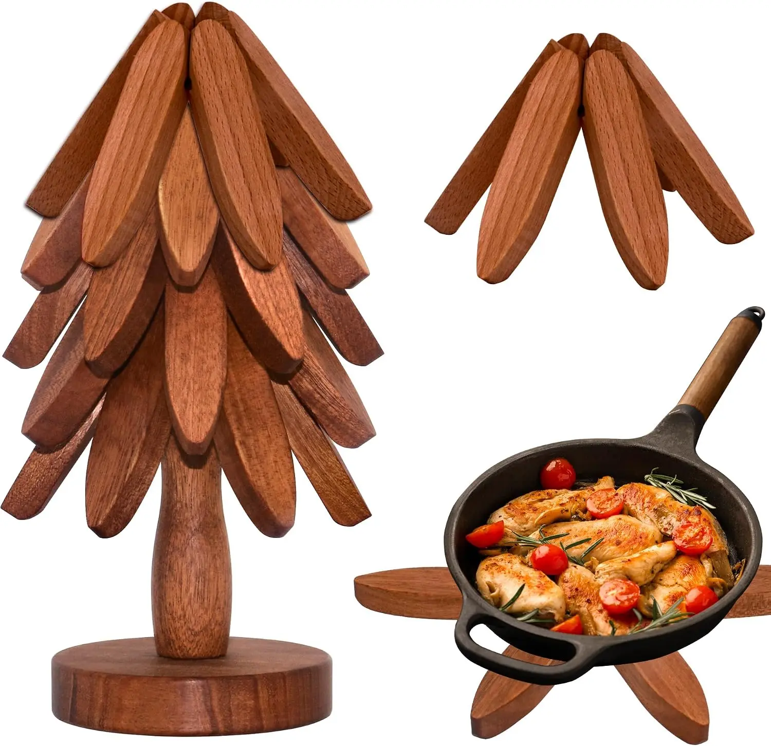 4-Pack Aesthetic Beechwood Tree-Shaped Collapsible Trivets with Storage Stand, Thermal Stylish Reusable Heat-Resistant Foldable Hot Dish Coasters, Space-Saving Hot Pads for Kitchen Countertop & Home Cooking, Four Pieces