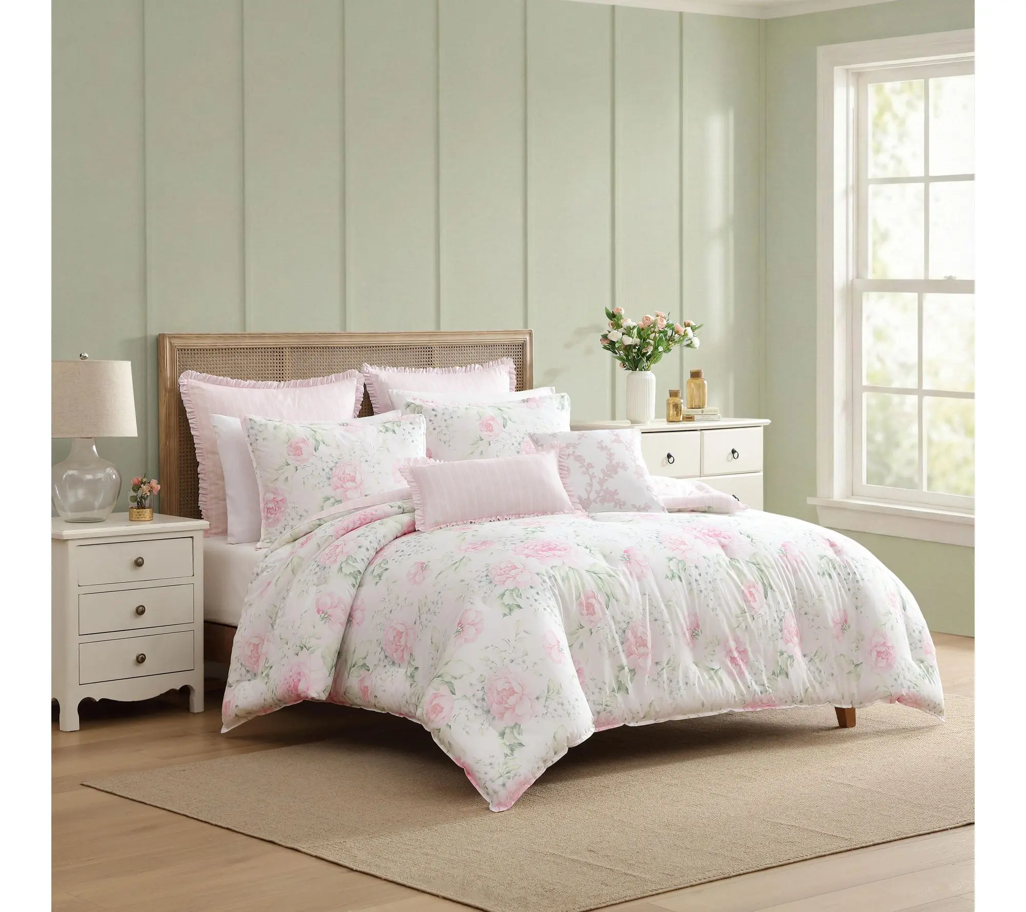 Laura Ashley Serenity Roses Pink/Green 5Pc TwinComforter Set